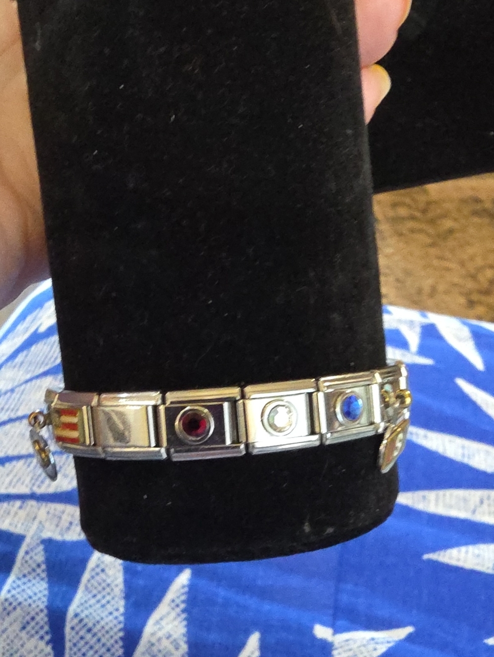 Stainless Steel Multi-Gem Link Bracelet - Silver with Red, Clear & Blue Stones